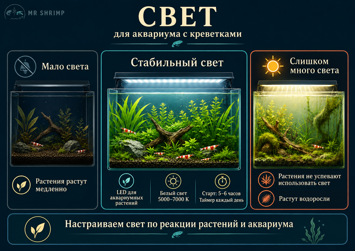 Освещение аквариума с креветками: какая лампа и сколько часов света